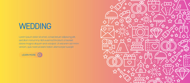婚礼相关横幅模板与线图标。现代矢量插图的广告，标题，网站。图片下载