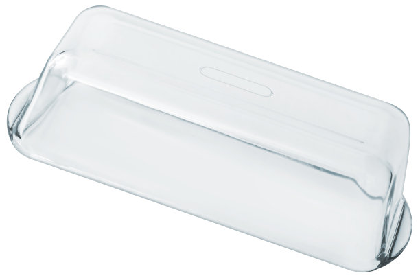 中等大小的矩形空长窄透明玻璃蛋糕烤盘设置颠倒隔离在白色背景图片下载