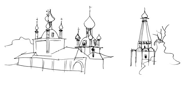 黑白墨水和钢笔手绘的风景，线形素描，带有洋葱圆屋顶的古代俄罗斯风格的教堂和带斜屋顶的钟塔图片下载
