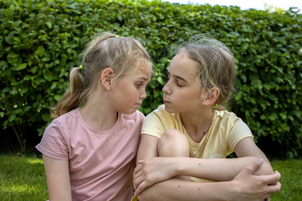 两个上学年龄的女孩姐妹坐在绿色的草坪上，在夏日的城市公园里散步聊天。家庭中的爱和友谊图片下载