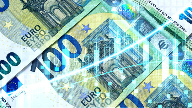 欧元货币的背景。100欧元。财务利润指标图表。现金钞票。欧元:欧盟的单一货币图片下载