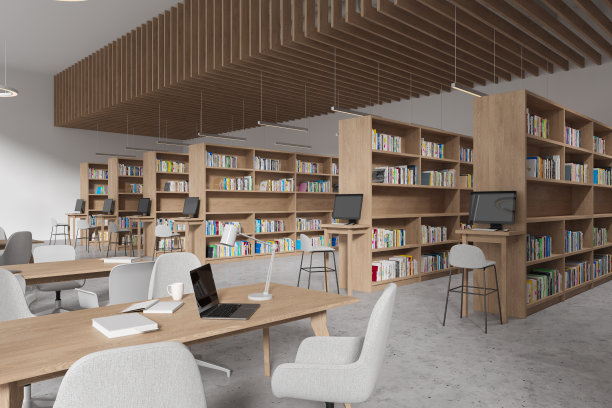 现代化的图书馆内部，有一排排的桌椅，电脑和书架图片下载