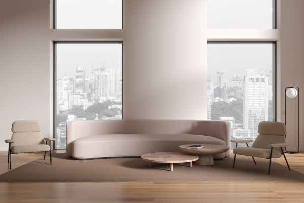 简约的白色客厅内部配有沙发、扶手椅和窗户图片下载