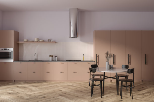 时尚的酒店厨房内部与餐桌和橱柜厨具图片下载