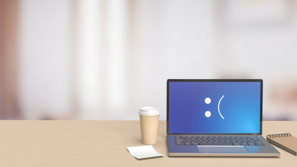 木桌上的笔记本电脑显示蓝屏3d渲染错误图片下载