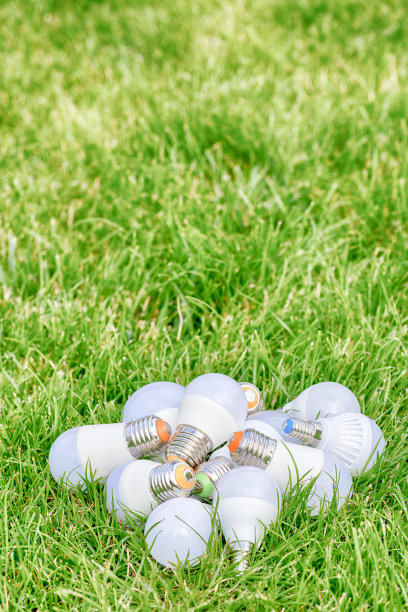 绿色草坪背景上的LED灯泡图片下载