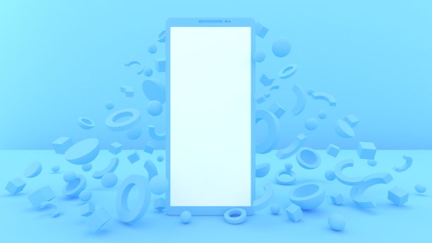 智能手机3d插图。在线娱乐。网络。社交媒体。抽象的形状。3 d渲染。放文字的地方。时尚柔和的颜色。浅蓝色。图片下载