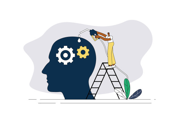 白领站在梯子上给巨人头上的齿轮加油。图片下载