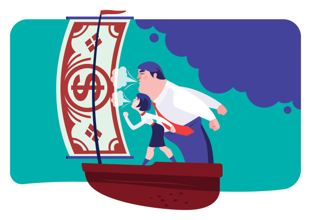 商人和女人站在船上，吹着钞票图片下载