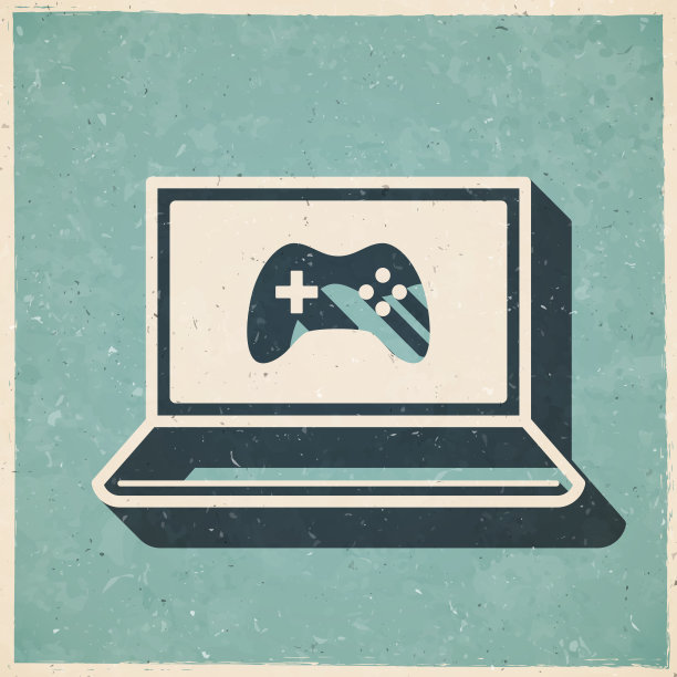 在笔记本电脑上玩电子游戏。图标复古复古风格-旧纹理纸图片下载