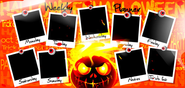 万圣节风格的时间规划概念。每周待办事项与即时打印照片和幽灵燃烧南瓜无缝抽象颜色背景。有创意的每周摄影与复制空间。图片下载
