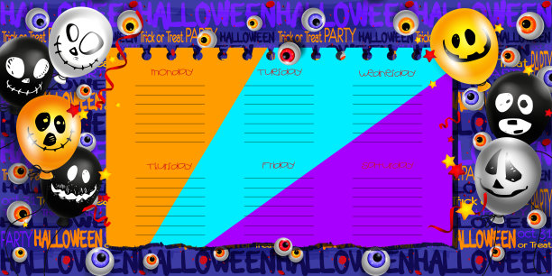 万圣节风格的时间规划概念。每周待办事项清单与有趣的气球无缝抽象的颜色背景与幽灵的眼睛。有创意的彩色纸张，每周有拷贝空间。图片下载