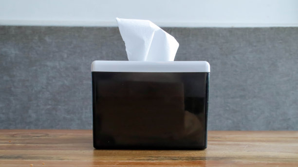 木桌上有一个黑色的纸巾盒。图片下载