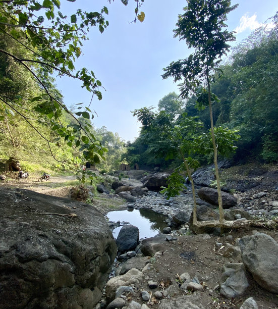 这张照片是一条河，周围有很多岩石，河边有很多松树，河水也很清澈，因为有泉水图片下载