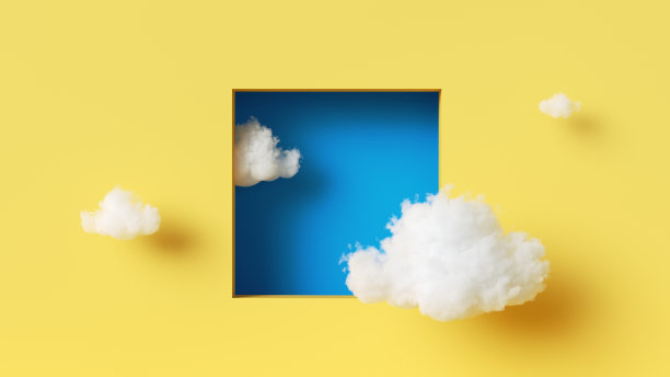 3d渲染，抽象背景。白云在黄色墙上的方形蓝洞里飞舞。极简现代壁纸图片下载