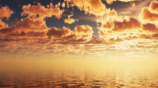3d渲染，美丽的日落背景，海景壁纸，黄金时刻的风景，戏剧性的傍晚天空图片下载