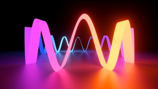 3d渲染，抽象的背景与彩色霓虹波浪带，发光的光谱梯度图片下载