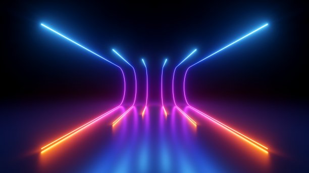 3d渲染，圆形粉蓝色霓虹灯线，在黑暗中发光。抽象的极简几何背景。紫外光谱。网络空间。未来的壁纸图片下载
