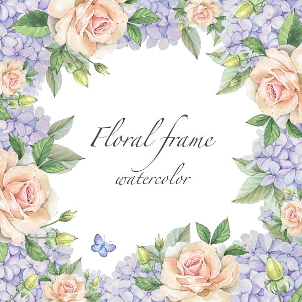花卉方形框架与精致的玫瑰，紫色绣球花，叶子，水彩图片下载
