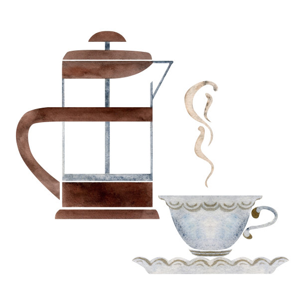 水彩手绘插图。法式压壶，白瓷茶杯，茶托。白色背景上孤立的物体。用于邀请函，咖啡厅，餐厅食物菜单，打印，网站，卡片图片下载