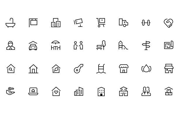房地产线网页图标集。包括房地产，物业，抵押贷款，住房贷款图标。轮廓图标集合。简单的矢量插图。图片下载