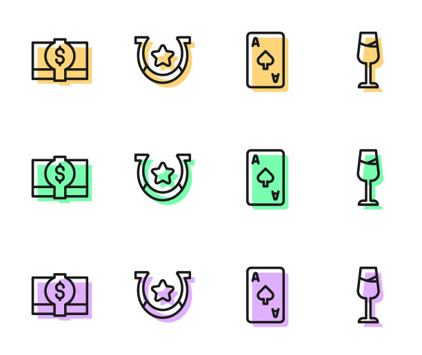 设置线扑克牌黑桃符号，堆栈纸币现金，马蹄铁和酒杯图标。向量图片下载