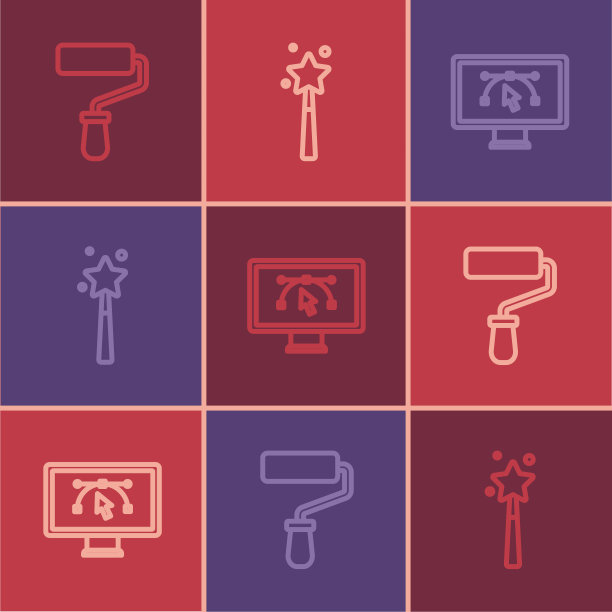 设置线漆辊刷，电脑设计程序和魔棒图标。向量图片下载