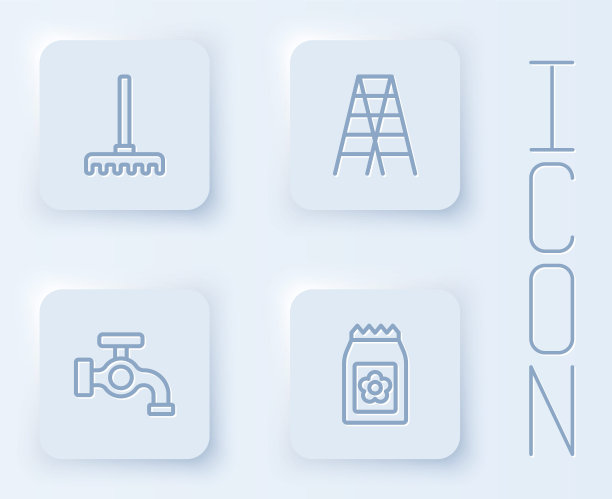 设置线花园耙，木制楼梯，水龙头和装满种子的包。白色方形按钮。向量图片下载