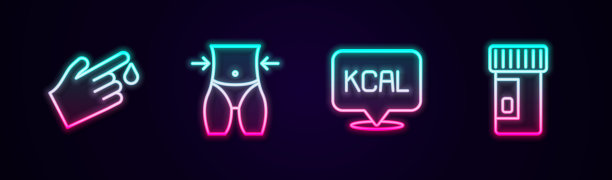 手指血，女性腰，卡路里和维生素。发光的霓虹灯图标。向量图片下载