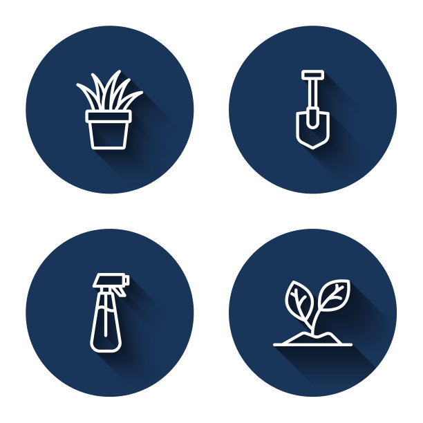 盆栽，铲，花园喷雾器浇水，发芽长影。蓝色圆圈按钮。向量图片下载