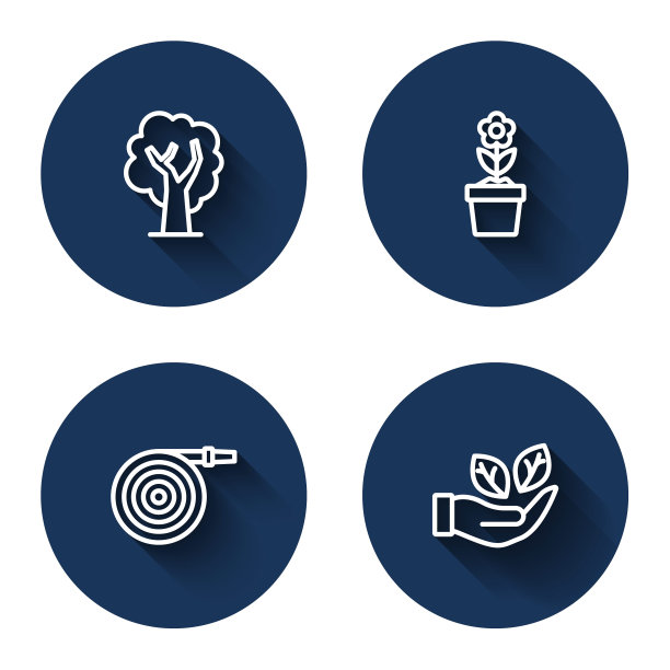 设线树，花盆里的花，花园软管和长阴影的叶子手。蓝色圆圈按钮。向量图片下载