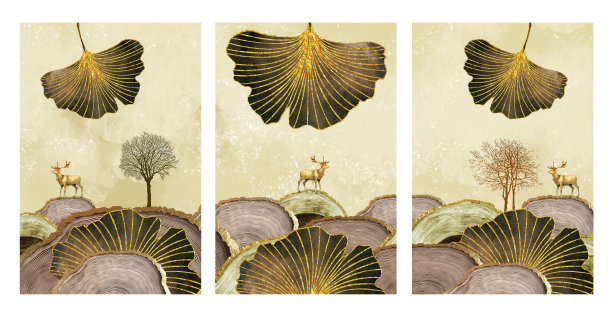 3d插画壁纸景观艺术。金鹿，银杏叶，棕树。帆布艺术品墙上海报图片下载