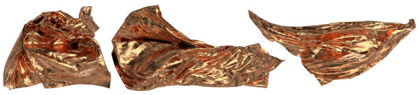 有褶皱的金色飞布。质地粗糙的金片。3D渲染图像。图片下载