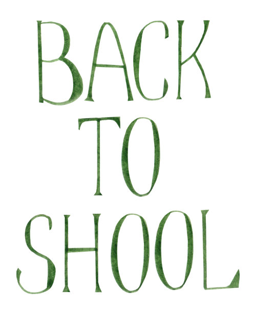 水彩插图，绿色简单的字母，回到学校的文字孤立在白色背景。图片下载