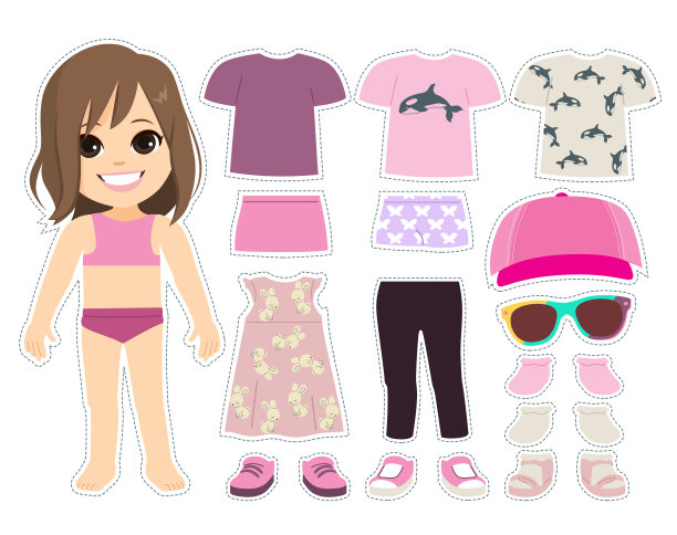 可爱的时尚卡通纸娃娃与服装图片下载
