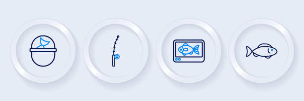 设置线鱼，发现者回声测深器，鱼竿和桶与鱼的图标。向量图片下载