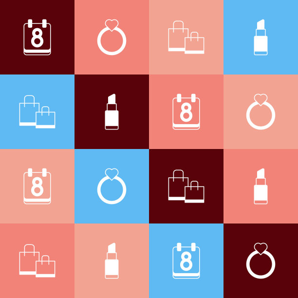 集流行艺术日历与3月8日，钻石订婚戒指，纸购物袋和口红图标。向量图片下载
