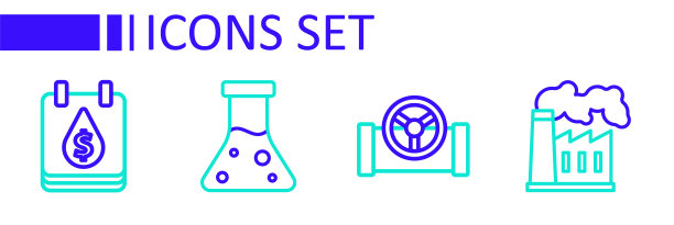 设置管线石油和天然气工业工厂，管道带有阀门，汽油试管和下降美元符号图标。向量图片下载