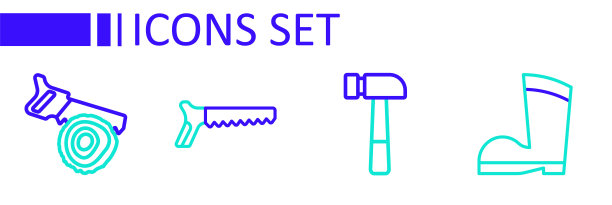 设置线防水橡胶靴，锤子，手锯和日志图标。向量图片下载