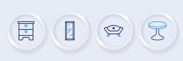 设线圆桌，沙发，大全长镜子和家具床头柜图标。向量图片下载