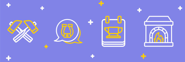 集线铁匠烤箱，铁砧工具，马蹄铁和十字锤图标。向量图片下载