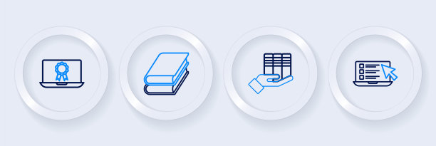 设置在线测验，测试，调查，图书捐赠和教育与文凭图标。向量图片下载