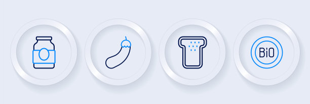 设置线横幅生物，面包吐司，茄子和果酱罐图标。向量图片下载