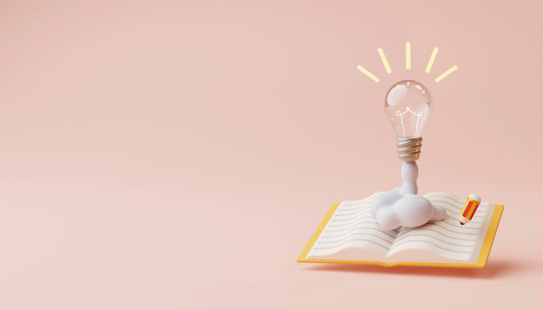 灯泡与教育，学习上的学校和大学或理念的概念。打开带有灯泡和毕业帽的书。3D渲染图片下载