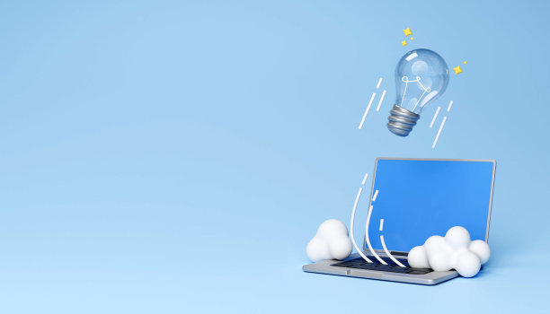 笔记本电脑和灯泡。启动概念。三维渲染图片下载