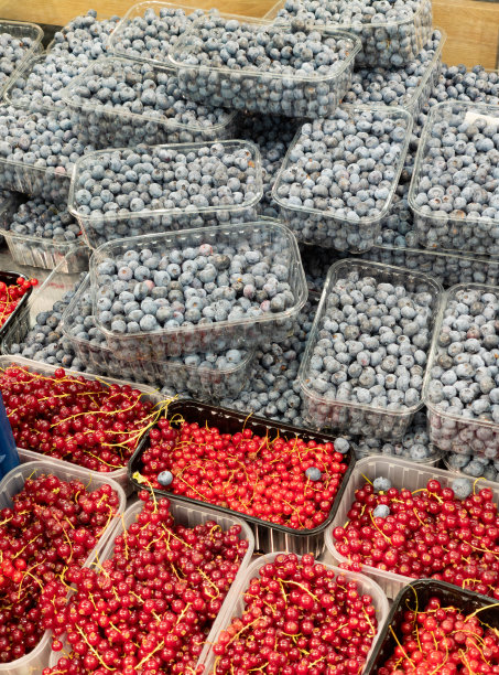 在食品店用塑料容器包装蓝莓和红肋排。在商店的冰箱里装着新鲜的天然浆果。新鲜的浆果。图片下载