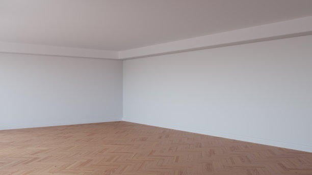 白色内饰的一角，有白色天花板和飞檐，光滑的拼花地板图片下载