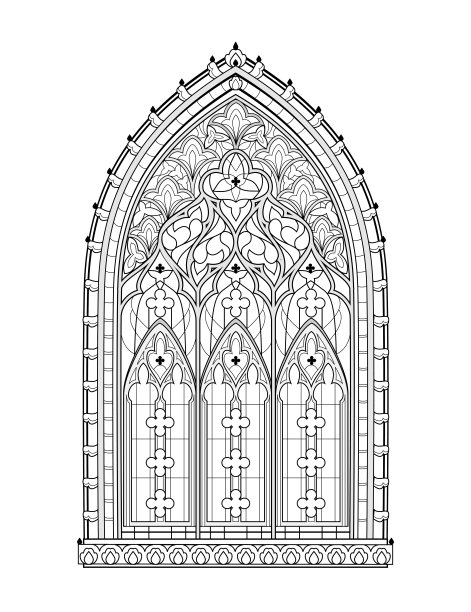美丽的哥特式彩色玻璃窗来自法国教堂。西欧的中世纪建筑。彩色画册的黑白图画。适合儿童和成人的工作表。矢量插图。图片下载