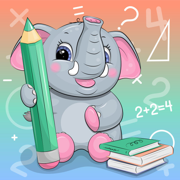 可爱的卡通大象带着绿色的大铅笔和书。图片下载