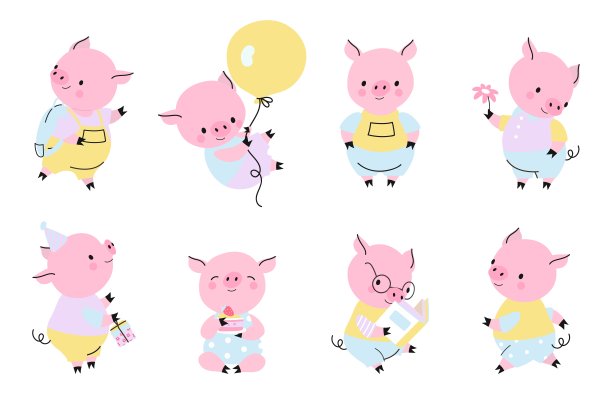 卡通猪，不同姿势的搞笑猪。快乐的小猪，可爱孤立活跃的小猪。农场动物活动，目前病媒采集图片下载